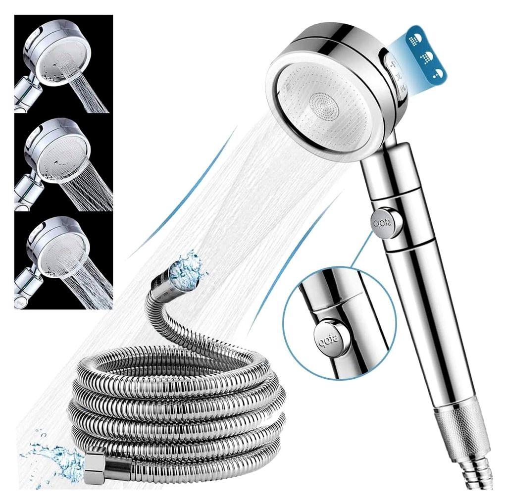 Duschkopf mit 2m Schlauch - Regendusche mit 3 Strahlarten - Hochdruck Handbrause mit Stoppfunktion - Chrom