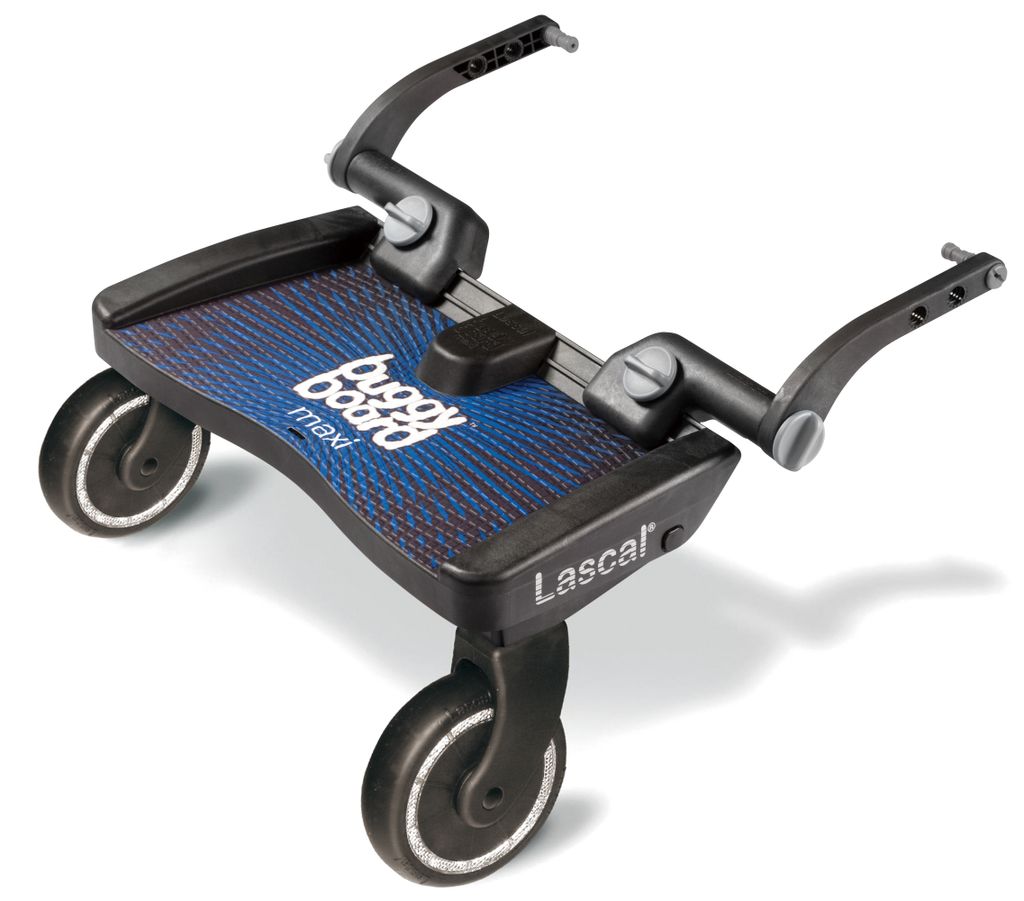 A black and blue Lascal Buggy Board Maxi with two wheels and adjustable arms, shown from a diagonal angle on a white background.