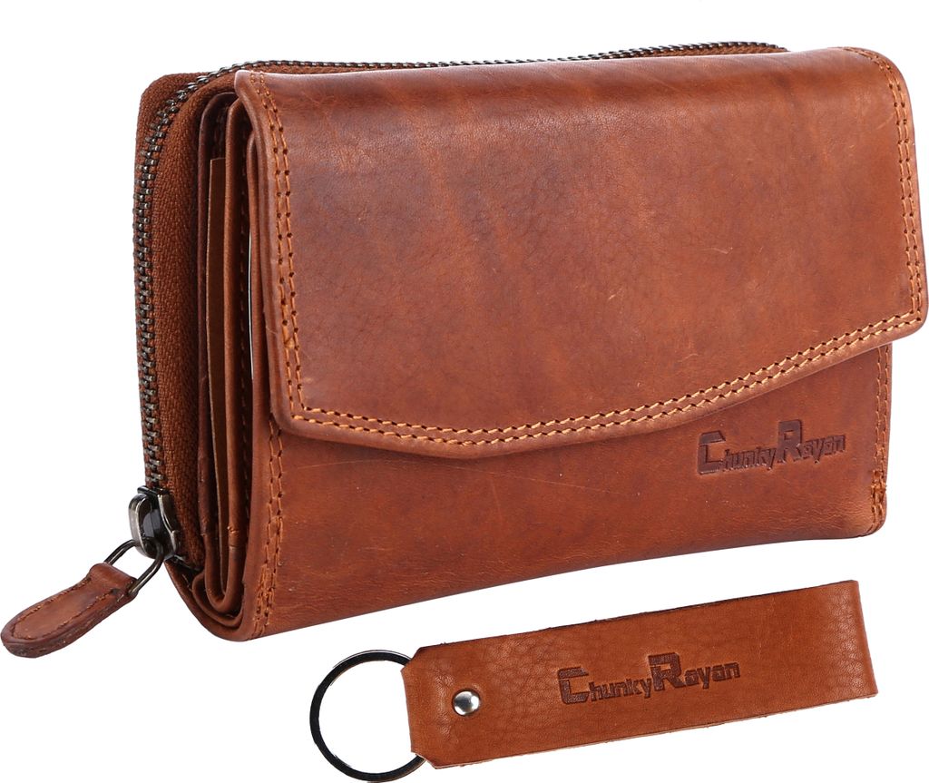 Chunkyrayan Echtleder Damen Geldbörse Hochwertig Vintage RFID Schutz inklusive Leder Schlüsselanhänger P GB-6 Brown