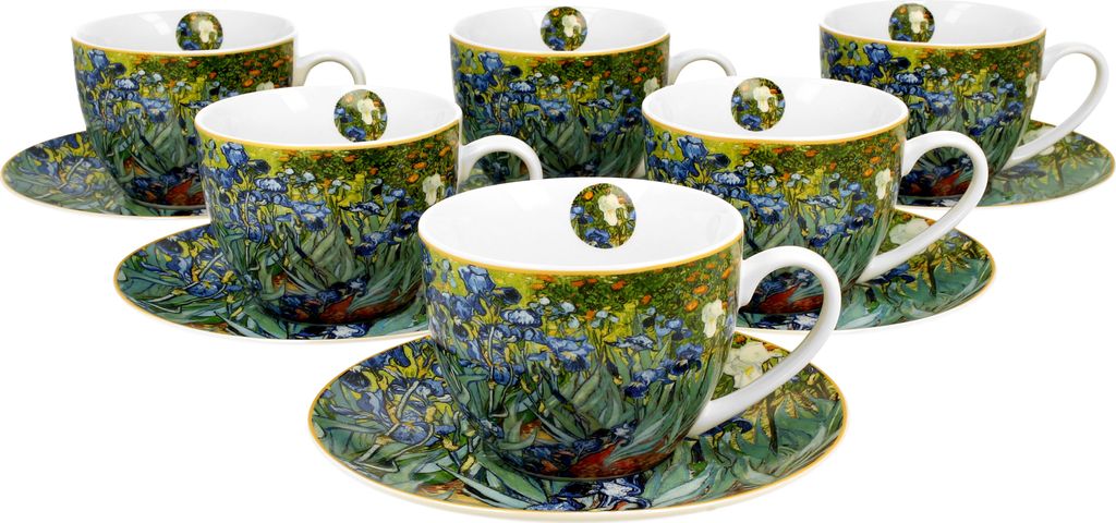 DUO ART GALLERY 6er-Set Tassen 220 ml IRISES mit Untertassen, New Bone China Porzellan