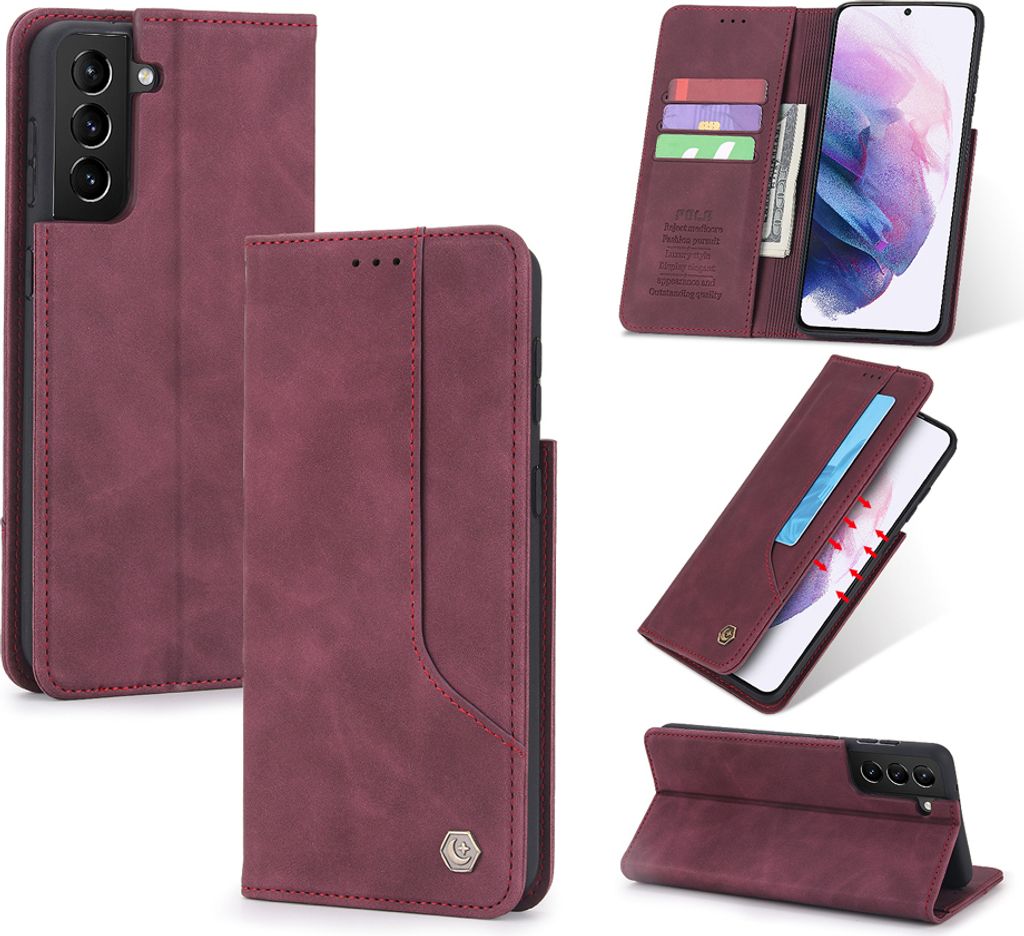 Galaxy S21 Ultra Hülle, LaimTop Retro Kunstledertasche Schutzhülle mit Kartenfach Standfunktion für Samsung Galaxy S21 Ultra 5G Rot