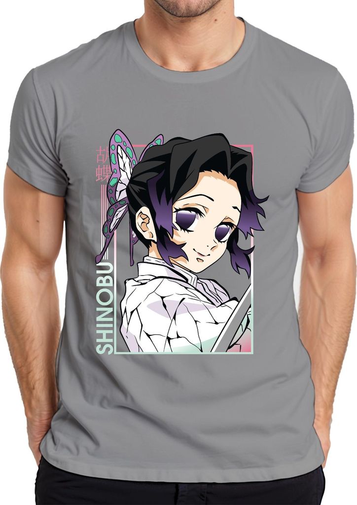 Shinobu Kocho Kimetsu no Yaiba Schmetterling lila Anime Geschenk Herren T-Shirt, Grau, S