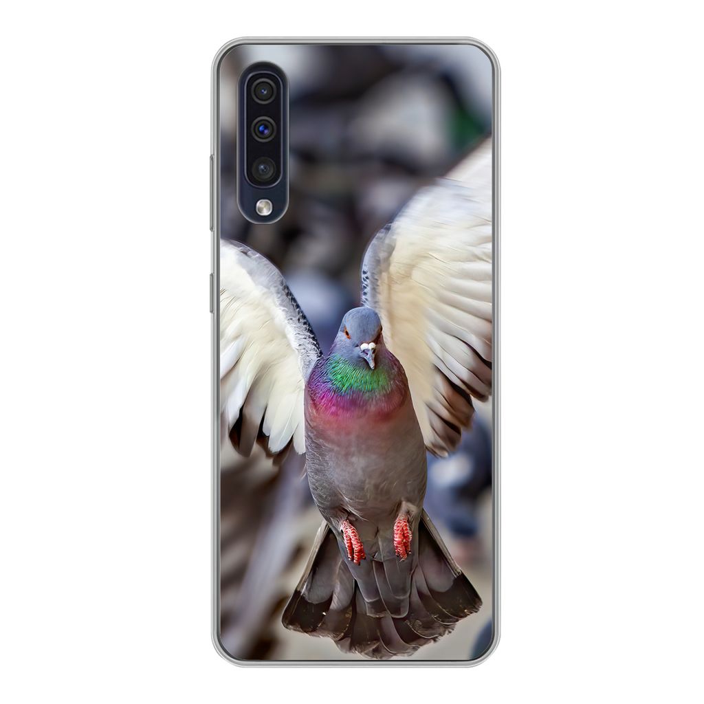 MuchoWow Handyhülle Schutzhülle Hülle für Samsung Galaxy A30s Nahaufnahme einer fliegenden Taube Silikon Softcase Handy Hülle - Karteninhaber