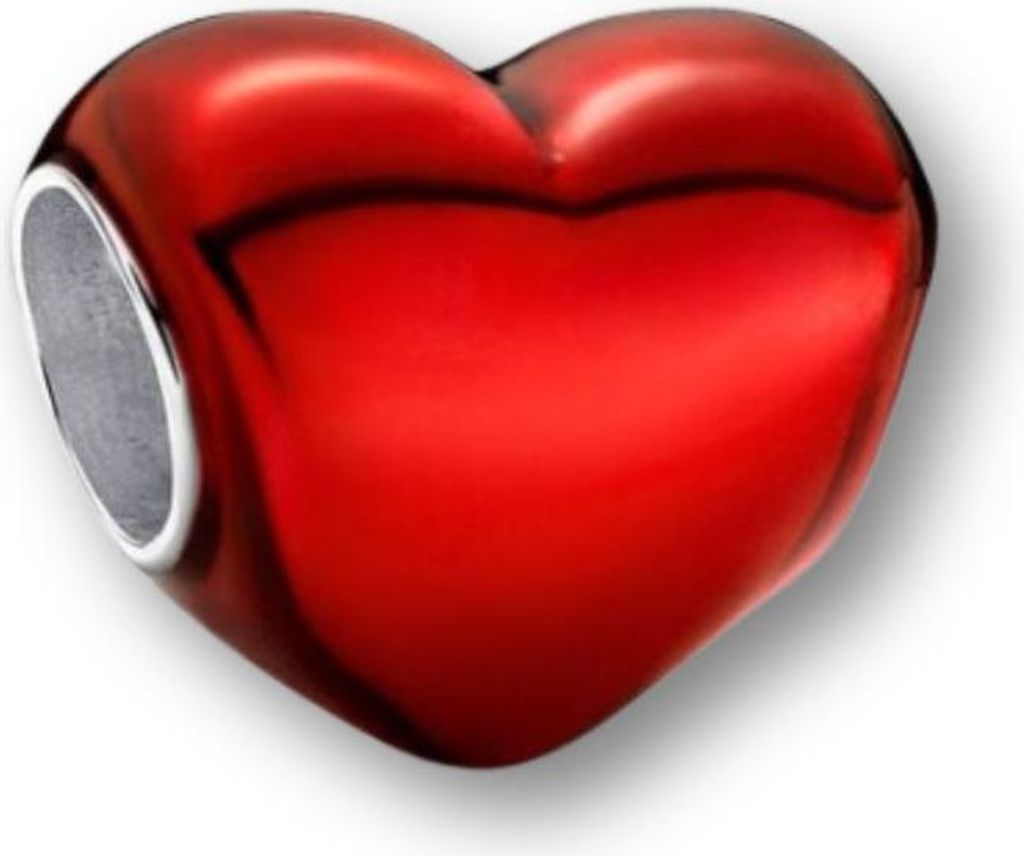 A close-up studio shot of a red heart-shaped charm with a silver opening.