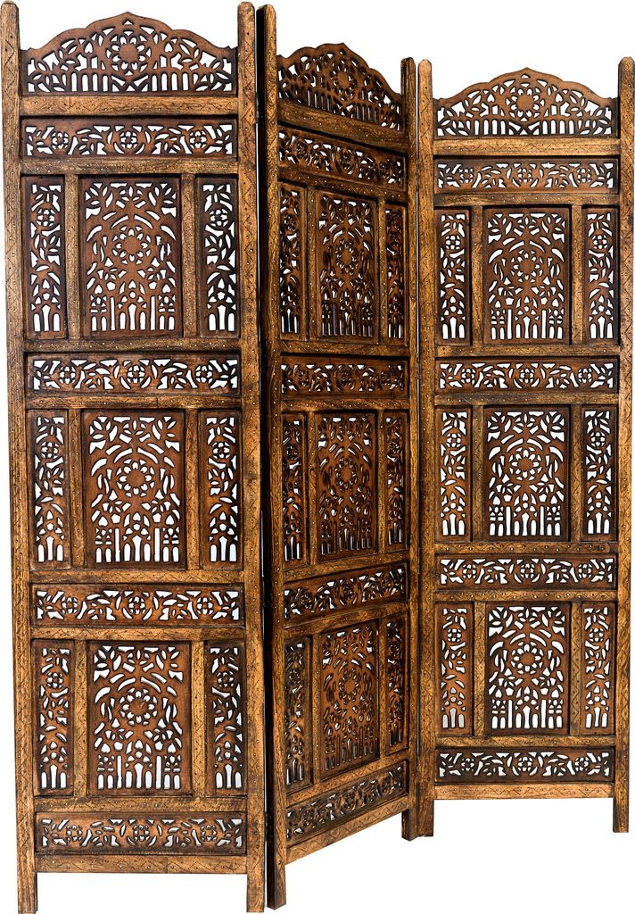 Orientalischer Paravent Raumteiler aus Holz Abhinava 150 x 180cm hoch in Braun | Indischer Trennwand als Raumtrenner oder Dekoration im Zimmer oder...