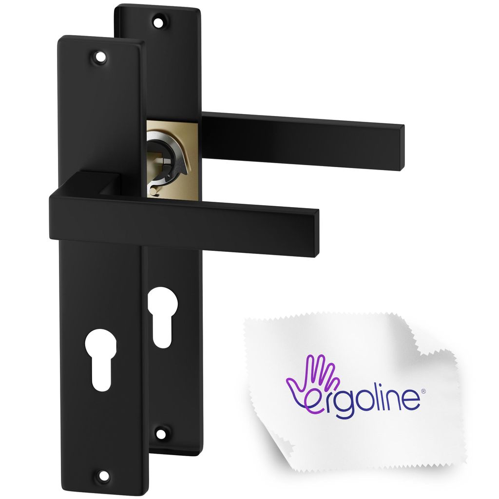 A pair of black door handles with a gold lock mechanism, shown against a white background. A small white cloth with a purple logo is in the bottom right corner.