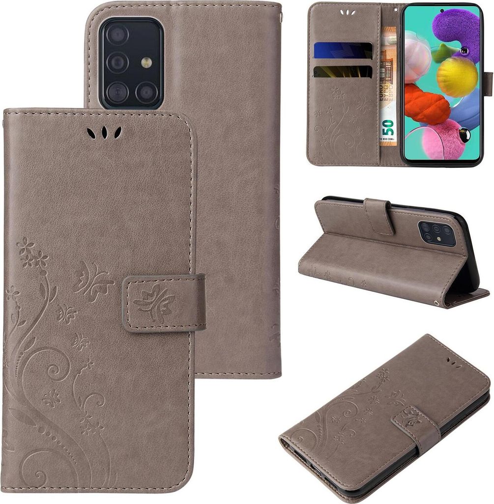 Handyhülle für Samsung Galaxy A51 Floral Blumen Schmetterling Flip Cover Hülle Case Klapphülle Handytasche Farbe: Grau
