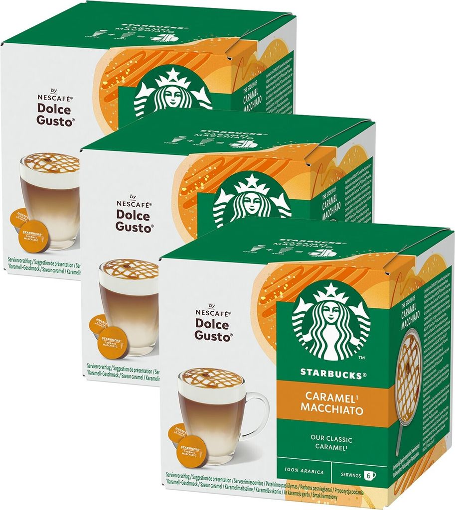 Nescafé Dolce Gusto Starbucks Caramel Macchiato 3er Set, Latte Macchiato mit Karamell, Kaffeekapsel, Röstkaffee, 3 x 12 Kapseln