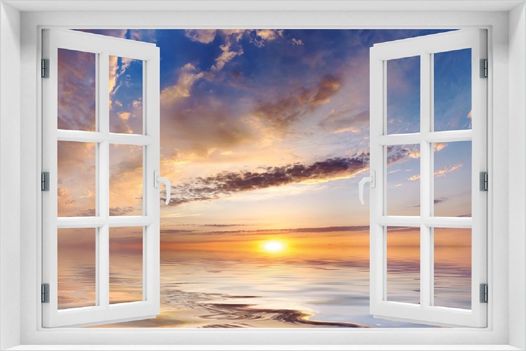 Wallario selbstklebendes Poster mit Fenster-Illusion - Sonnenuntergang über dem Wasser, Größe: 100 x 150 cm