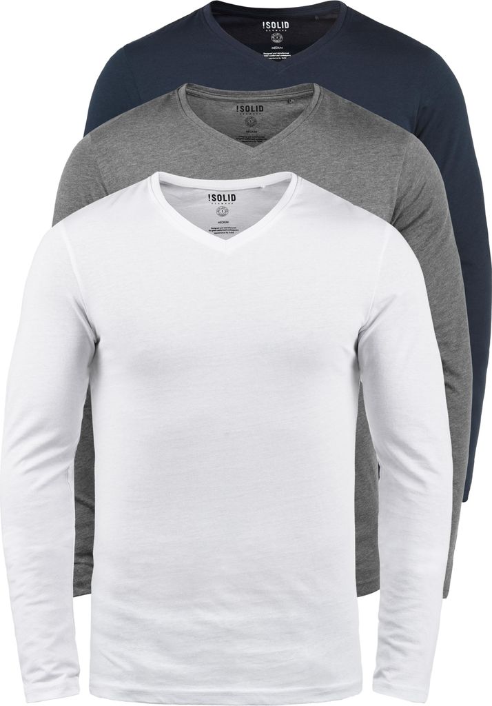 SOLID SDBasil Herren Longsleeve Langarmshirt Basic Shirt im 2er Pack oder 3 er Pack mit V- Ausschnitt 3er Pack Baumwollmischung Slim fit