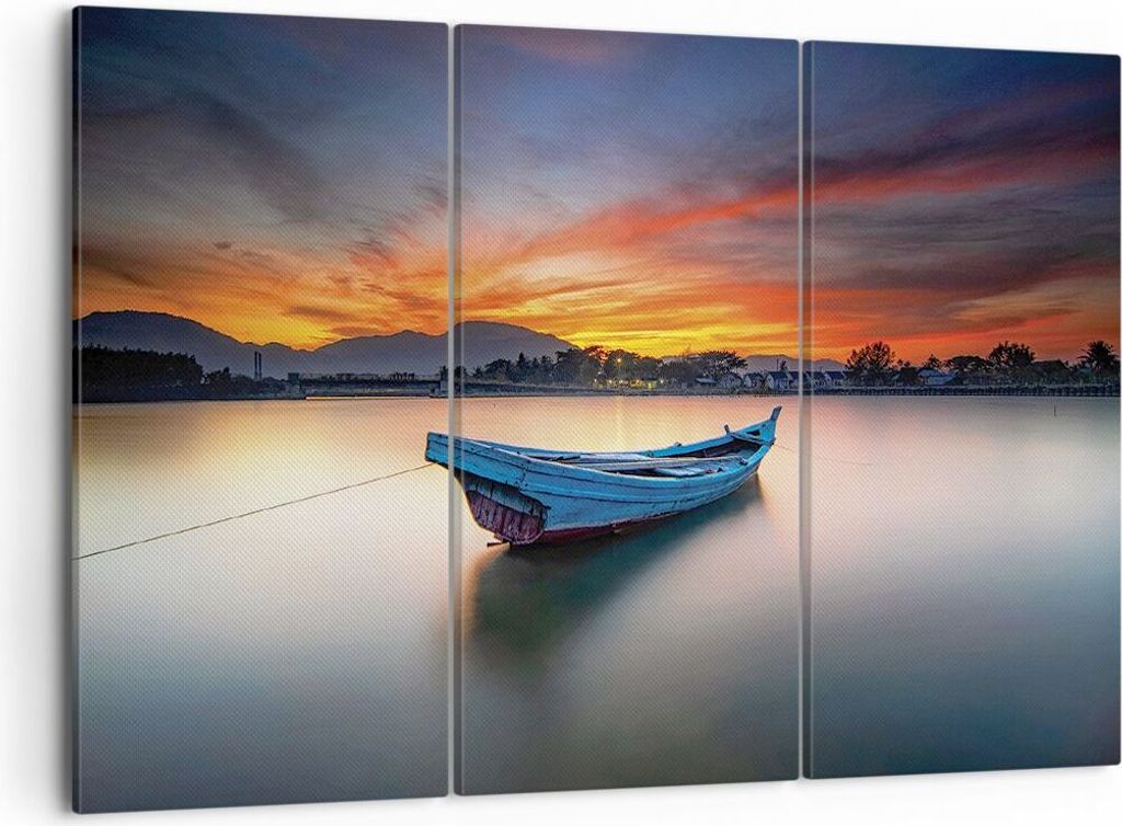 Bild auf Leinwand - Leinwandbild - 3 Teile - Westen Sonne Boot - 105x70cm - Wand Bild - Wanddeko - Wandbilder - Leinwanddruck - Bilder - Wanddekora...