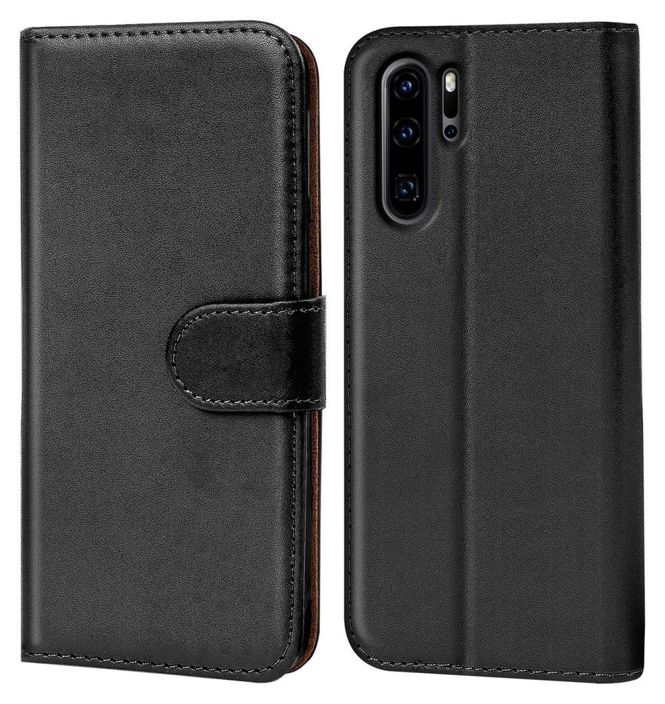 A black flip case for a smartphone, shown from the front and back.