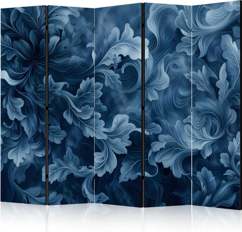 5-teiliger Doppelseitiger Vlies Paravent - Abstract Ornaments - Dark Blue Victorian Leaves 225x172 cm f-H-10010-z-b