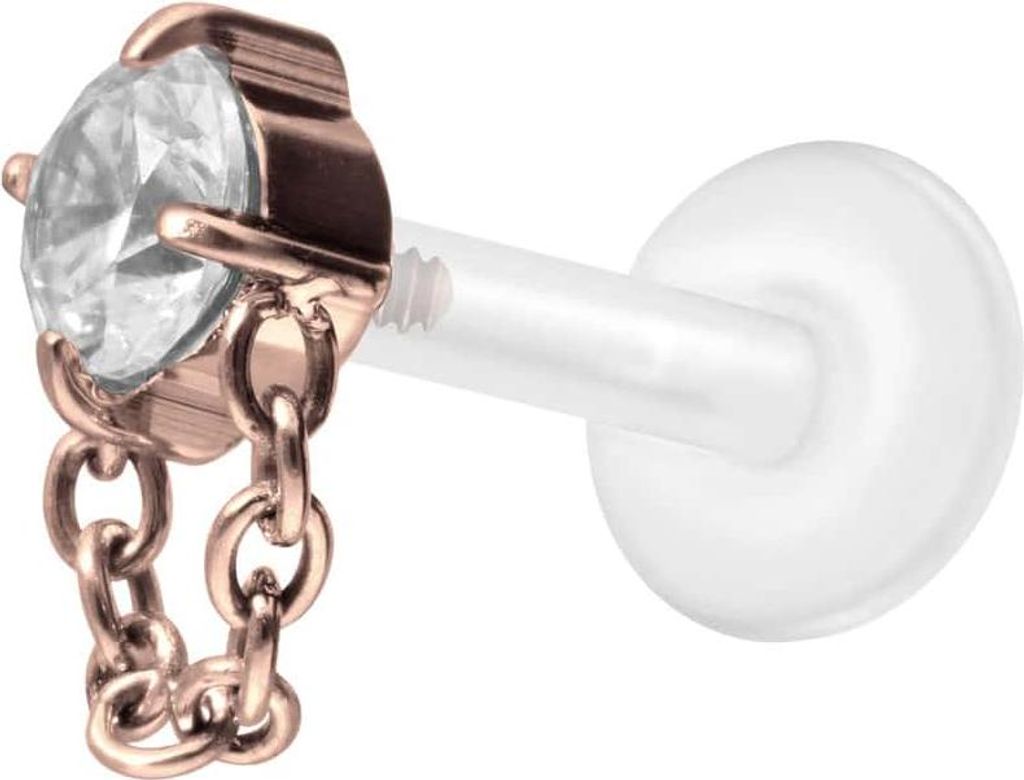 Ohrpiercing, Nasenpiercing PTFE Labret mit Innengewinde + Titan-Aufsatz KRISTALL + KETTE RoséGold Stablänge: 10mm | Stabstärke: 1,2mm