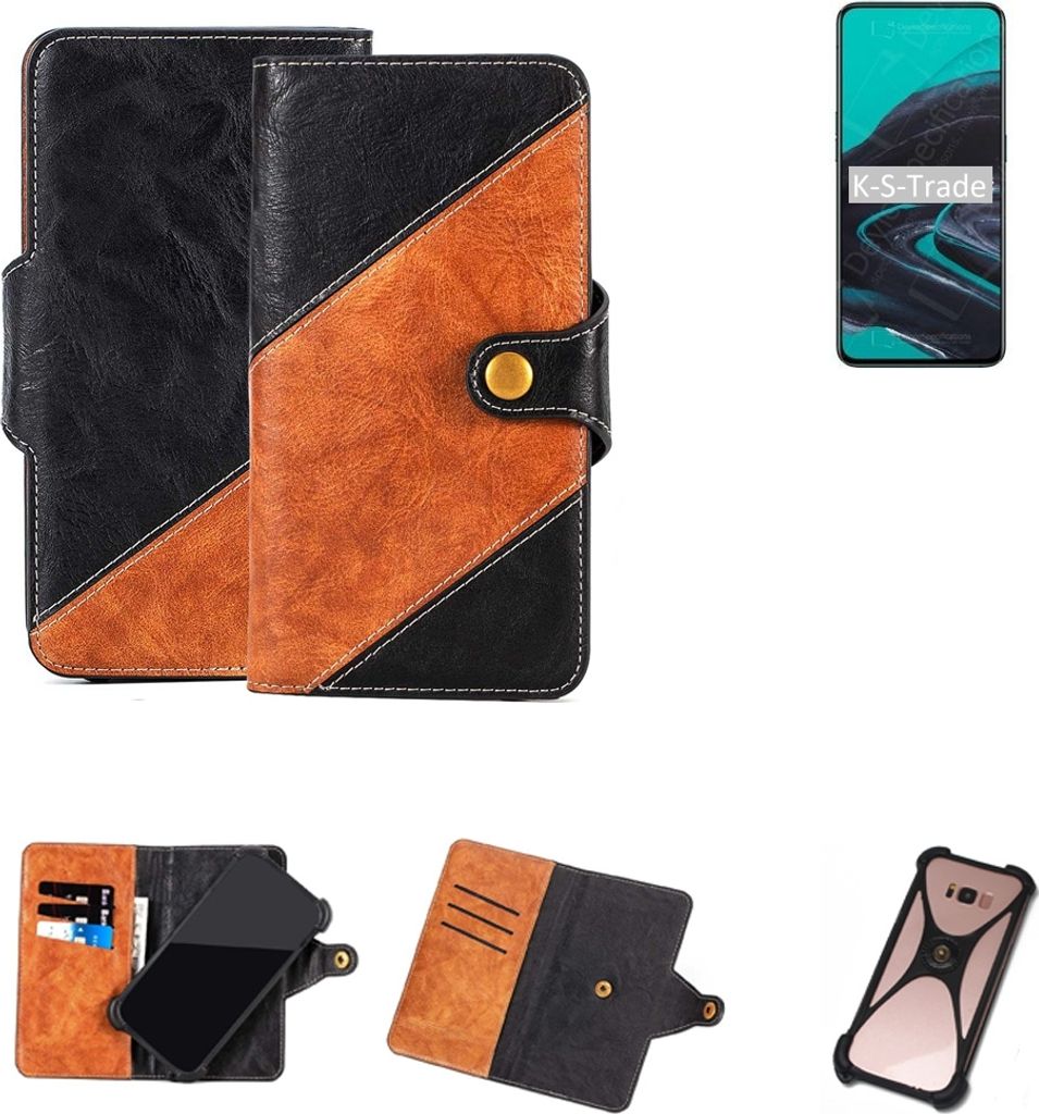 K-S-Trade Handyhülle Schutzhülle Bookstyle Case Wallet-Case kompatibel mit Oppo Reno2 Handy Cover Bumper Klapphülle schwarz hellbraun 1x