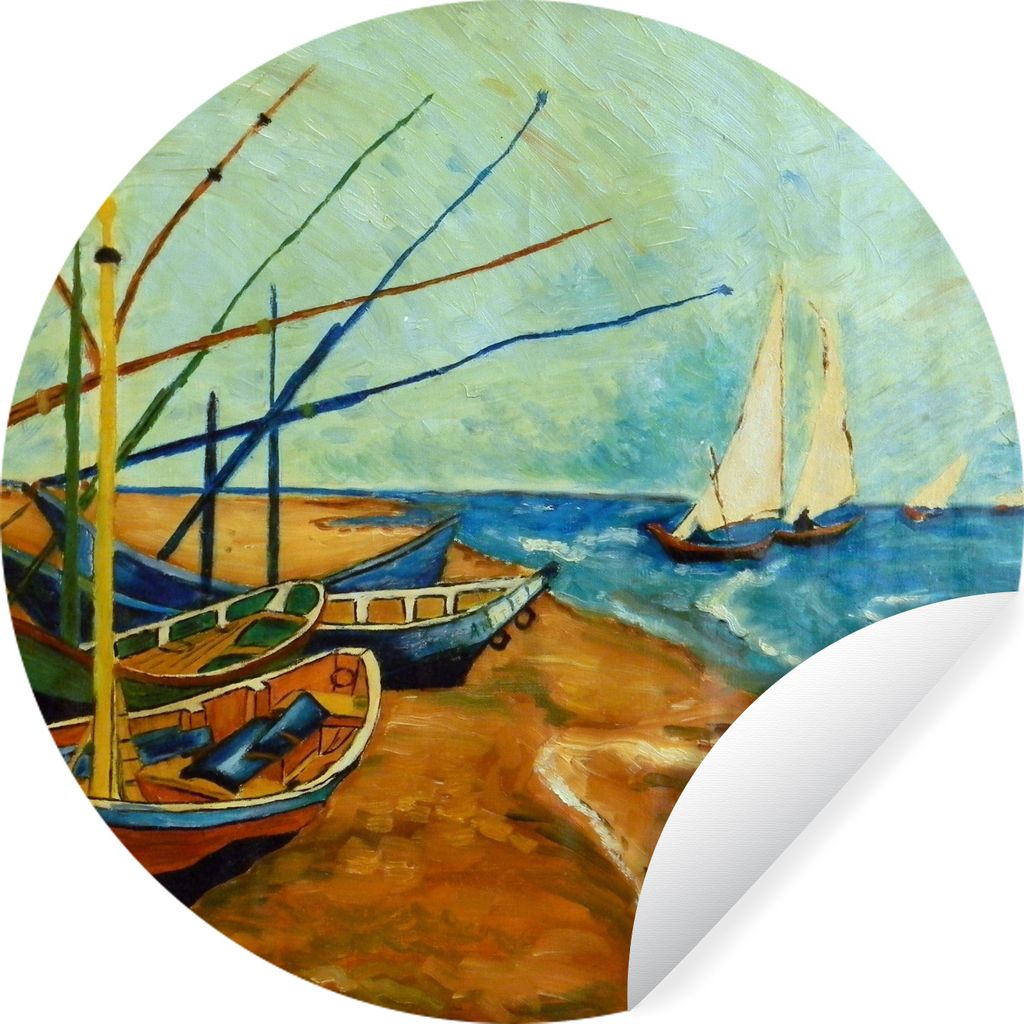 MuchoWow Runde Wandtattoo - Wandsticker Tapete Aufkleber Fischerboote am Strand - Gemälde von Vincent van Gogh Ø 30 cm Selbstklebend und Reposi...
