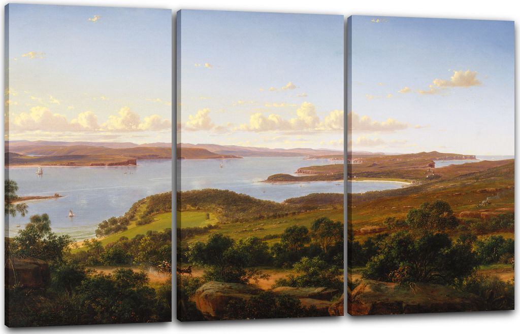 Leinwandbild 3-teilig (120x80cm): Eugene von Guérard - Sydney Heads, echter Holz-Keilrahmen inkl. Aufhänger, handgefertigt in Deutschland