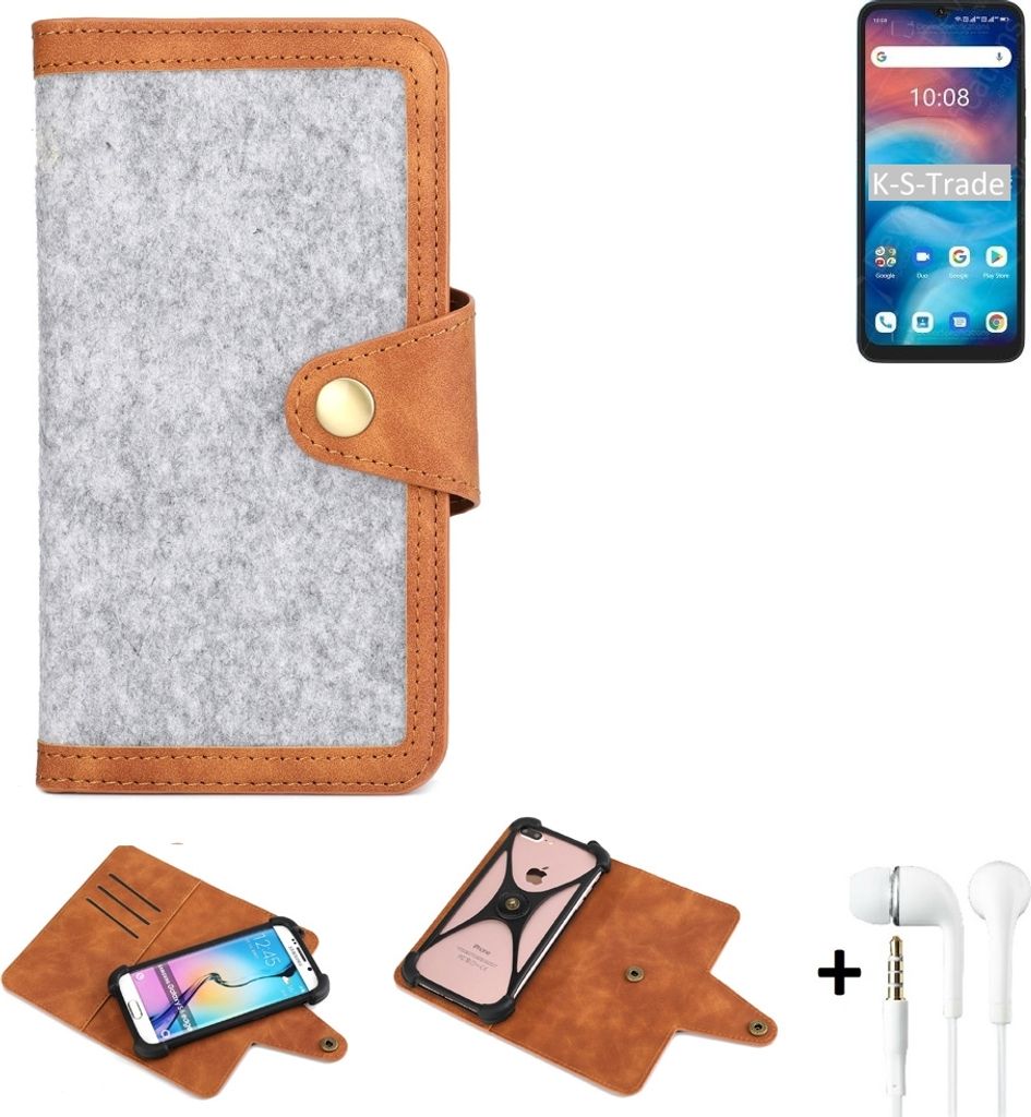 K-S-Trade Handyhülle + Kopfhörer kompatibel mit UMIDIGI G1 Schutzhülle Filz Hülle Kunstleder hellgrau braun (1x)