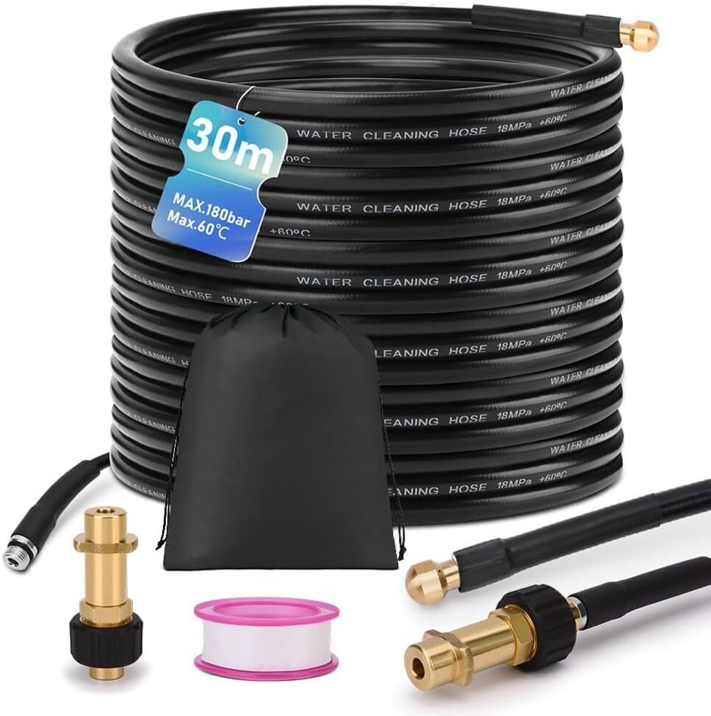 30m Rohrreinigungsschlauch Set, 180 bar, mit M22 Adapter, universal Rohrreinigungsset, kompatibel mit K2 K3 K4 K5 K6 K7 Hochdruckreiniger
