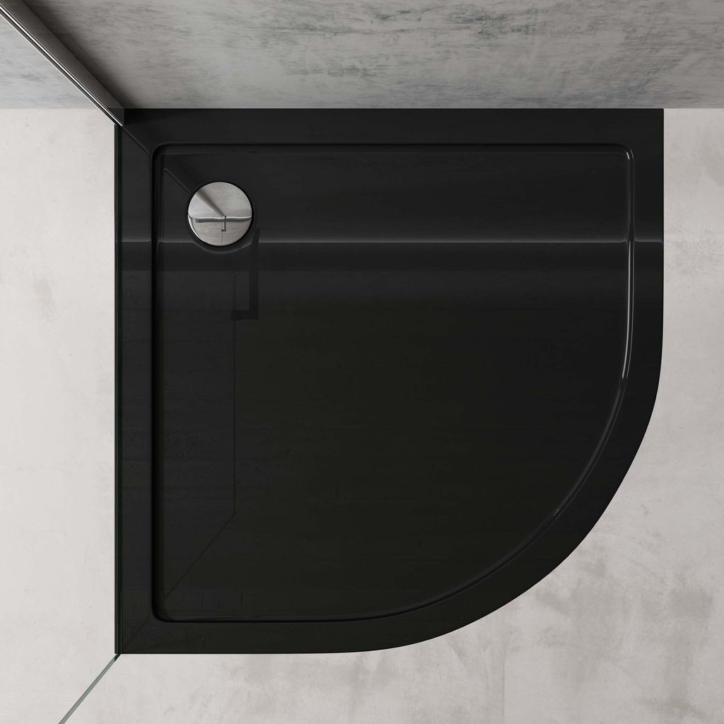 doporro Duschtasse Duschwanne 100x100x4cm flach aus Acryl in schwarz Viertelkreis DIN-Anschlüsse für bodenebene Montage geeignet Faro3
