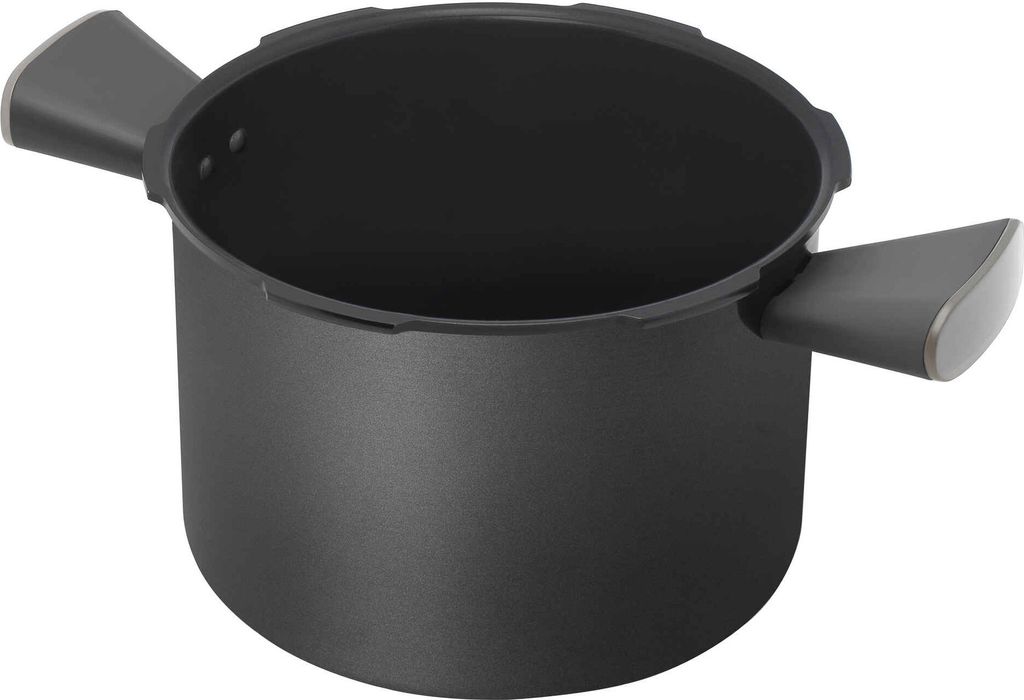 A black pot with gray handles is shown against a white background.