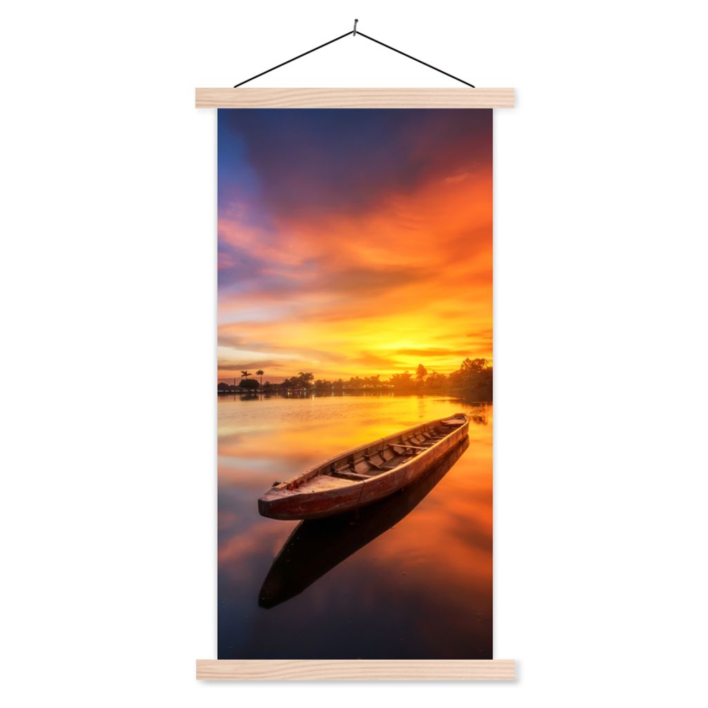 MuchoWow Textilposter Boot - Wasser - Sonnenuntergang - Orange - Wasser 60x120 cm mit holzfarbenen Rahmen - Holz
