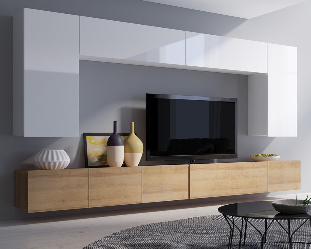 Wohnwand Amanda VII, Wohnzimmer-Set, Anbauwand, Schrankwand, Mediawand 300cm Breite (Weiß + Weiß Hochglanz / Eiche Gold)