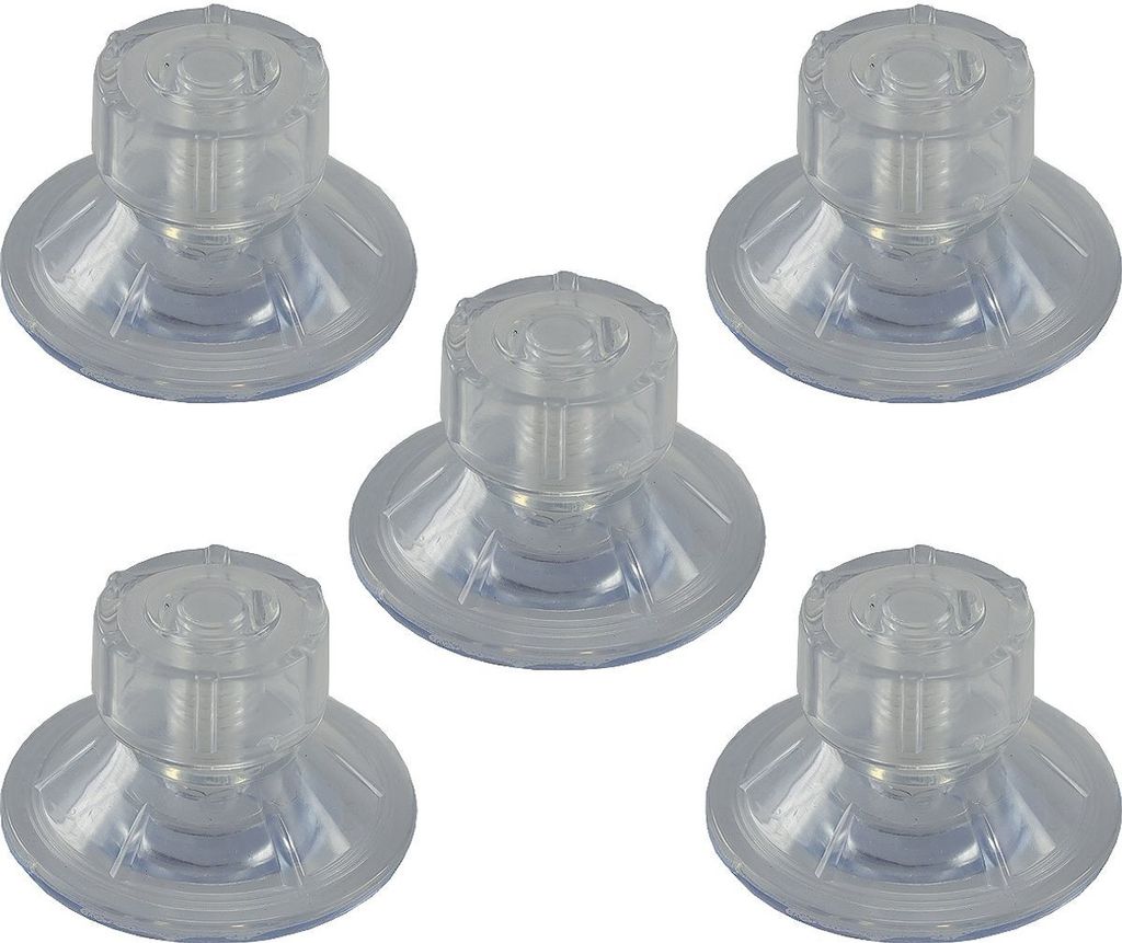 Five clear suction cups with threaded knobs are arranged in a scattered pattern on a white background.