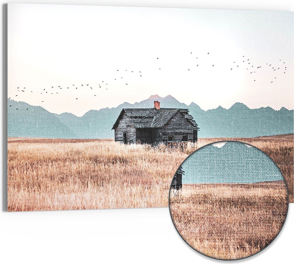 DEQORI Hybrid Leinwand Bild 90x60 cm 'Stille Feldhütte' Wandbild Glas flach modern