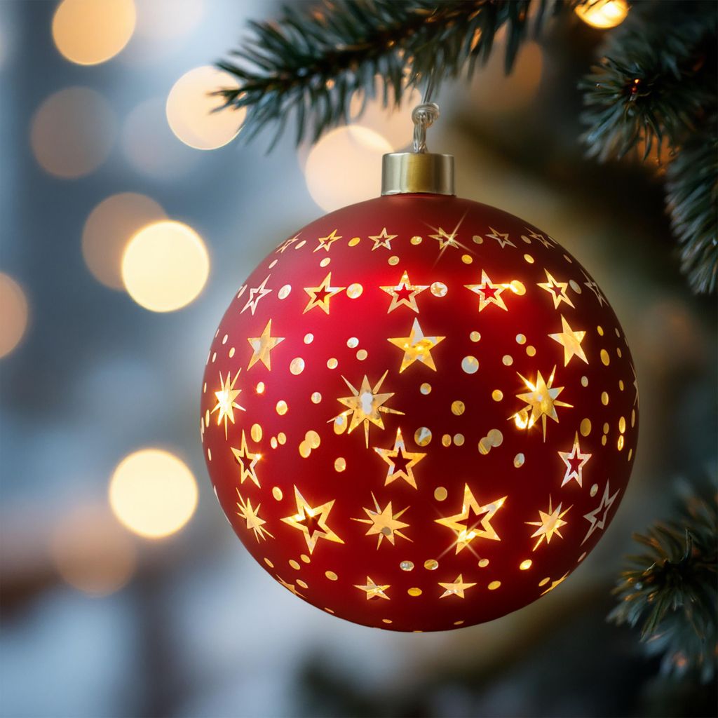 Skleněná vánoční cetka červená k zavěšení s 10 LED diodami Obrázek produktu 