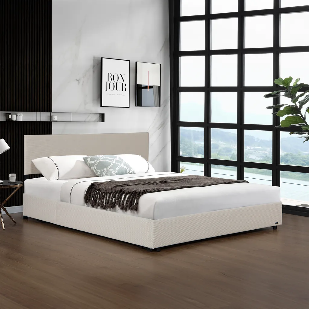 Lit double 160x200 Juva Beige en velours côtelé avec sommier intégré
