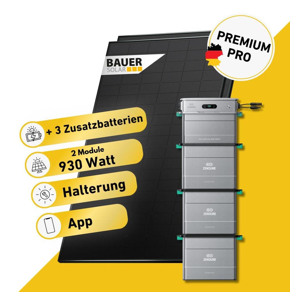 930 Watt, Bifazial Komplettset, Balkonkraftwerk, Zendure Solarflow 800 Pro 2, 3 x AB2000L Zusatzbatterie, Germany 15m Anschlusskabel, Halterung Fas...