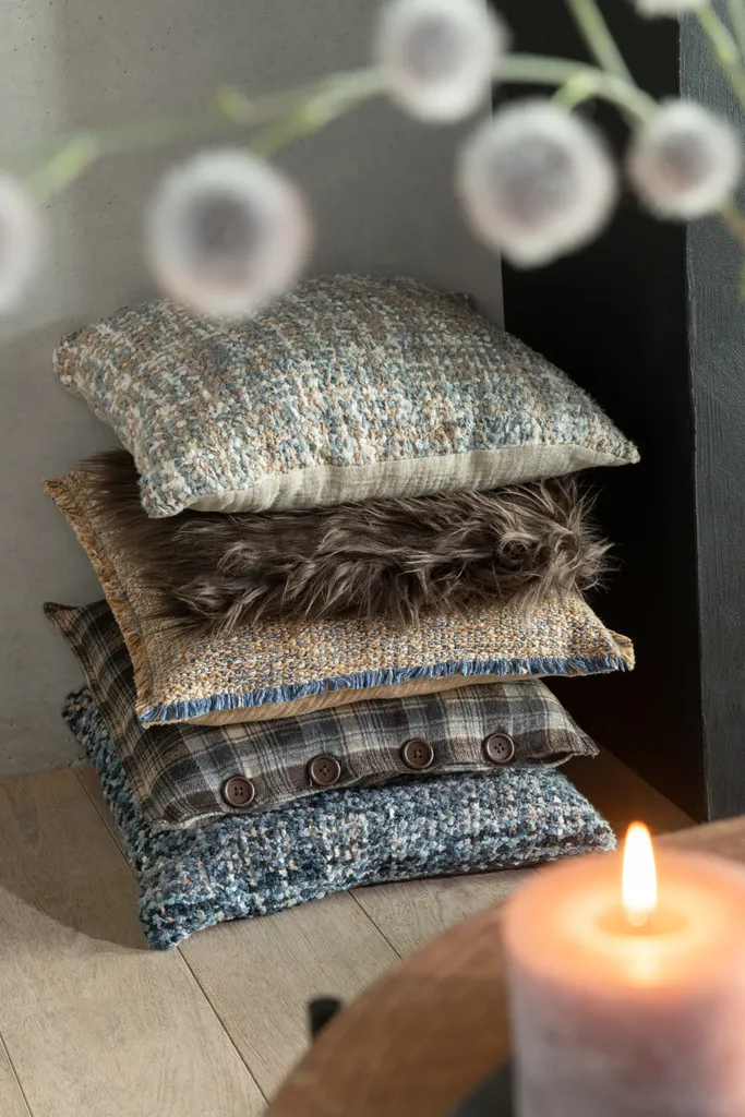 J-Line Coussin bords effilochés marron et bleu en polycoton 45x45 cm - 3