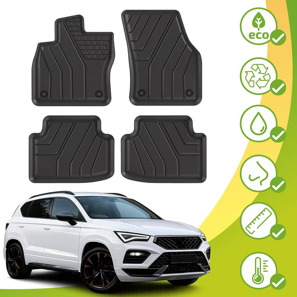 J&J AUTOMOTIVE | EKO Gummimatten Gummifußmatten Für Cupra Ateca von 2018, Schwarz, Anti-Rutsch, mit Tunnel, Allwetter, Rand 3cm, mit Befestigungen