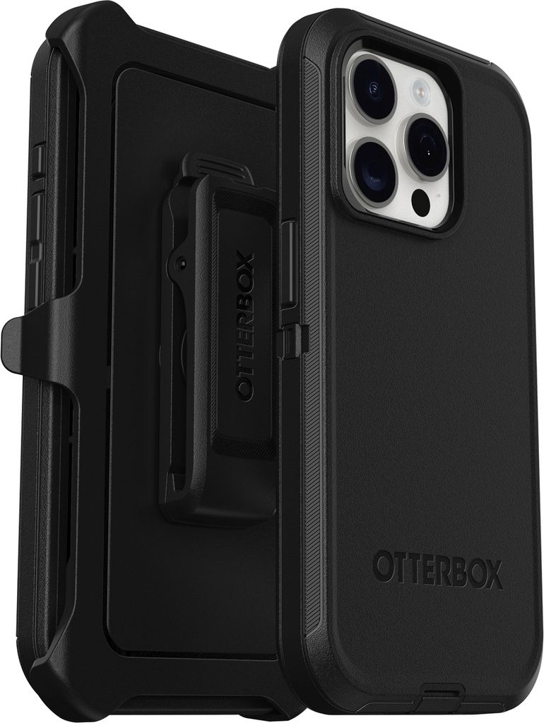 A black OtterBox Defender case for an iPhone 15 Pro, shown with a detachable belt clip holster.