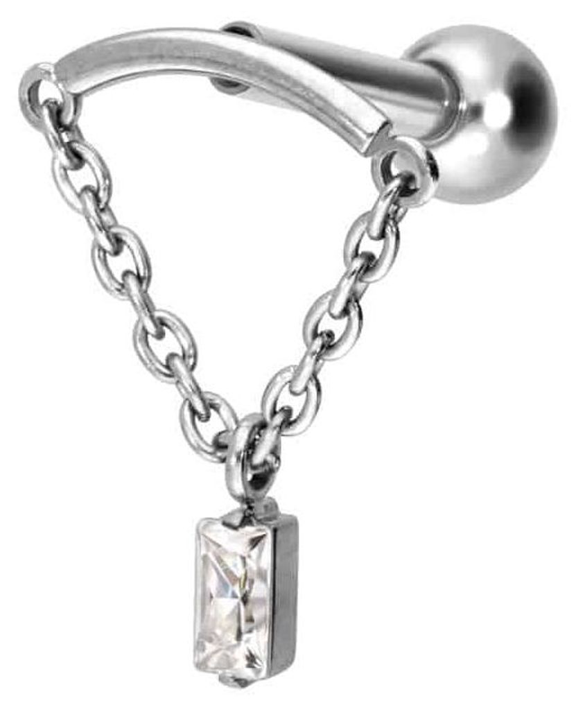 Ohrpiercing Titan Ohrpiercing mit Innengewinde BOGEN + KETTE + KRISTALLRECHTECK Silber Stablänge: 8mm