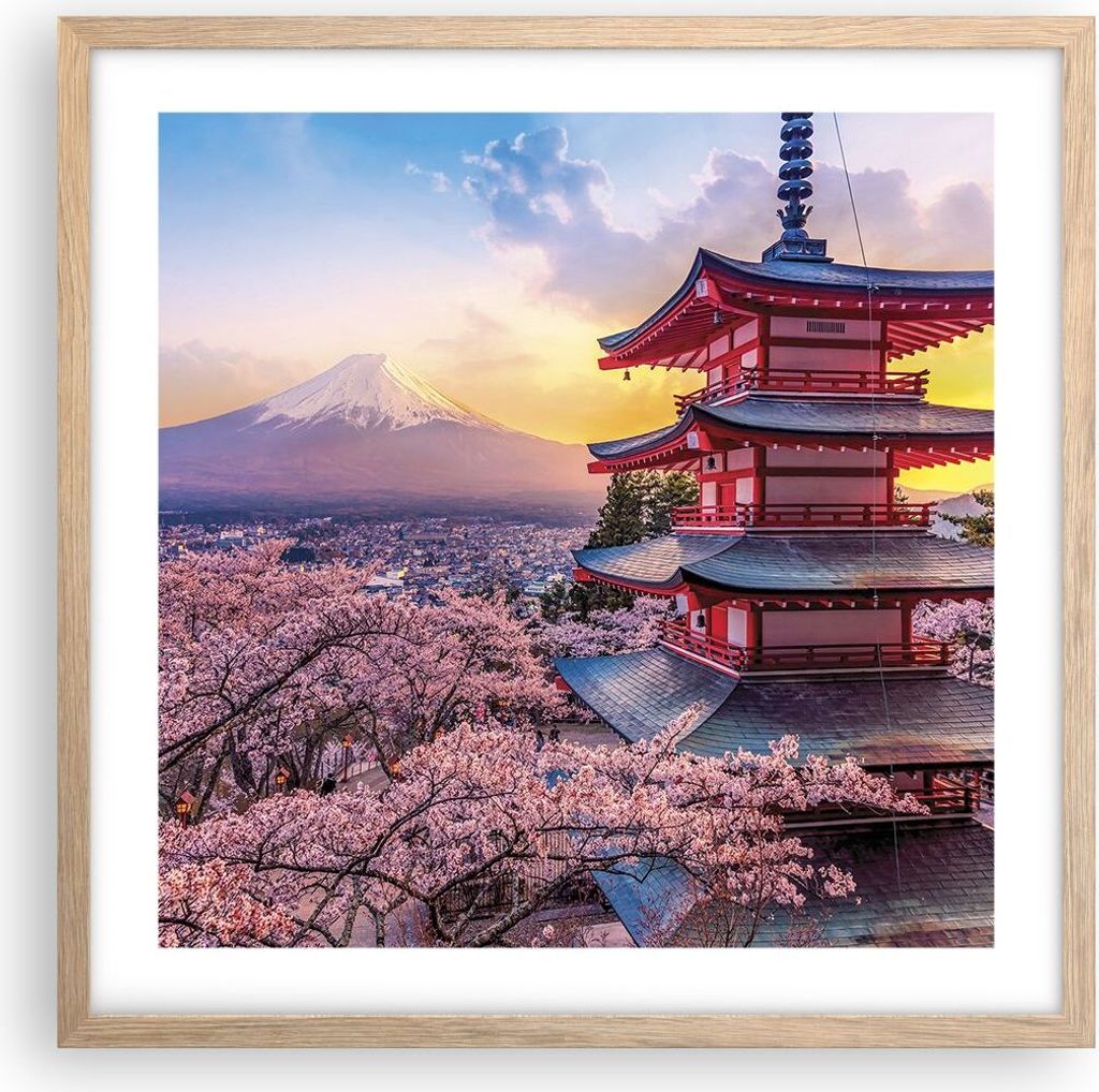 Gerahmtes Poster - Rahmen in heller Eiche - Fuji Choreito Pagode - 50x50 cm - Wand Bild - Wanddeko - Wandbilder - Kunstposter - Wandposter - Bilder...