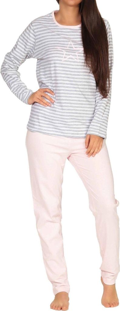 Eleganter Damen Pyjama langarm Schlafanzug - Streifenoptik und Stern Motiv - 102 10 801 ; rosa , 48