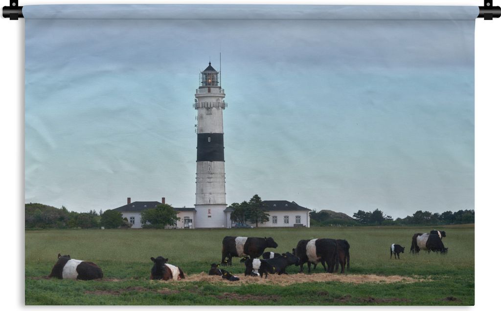 MuchoWow Wandteppich Wandbehang Kühe - Leuchtturm - Gras 60x40 cm Tapisserie Dekoration Wandtuch - Wanddekorationen
