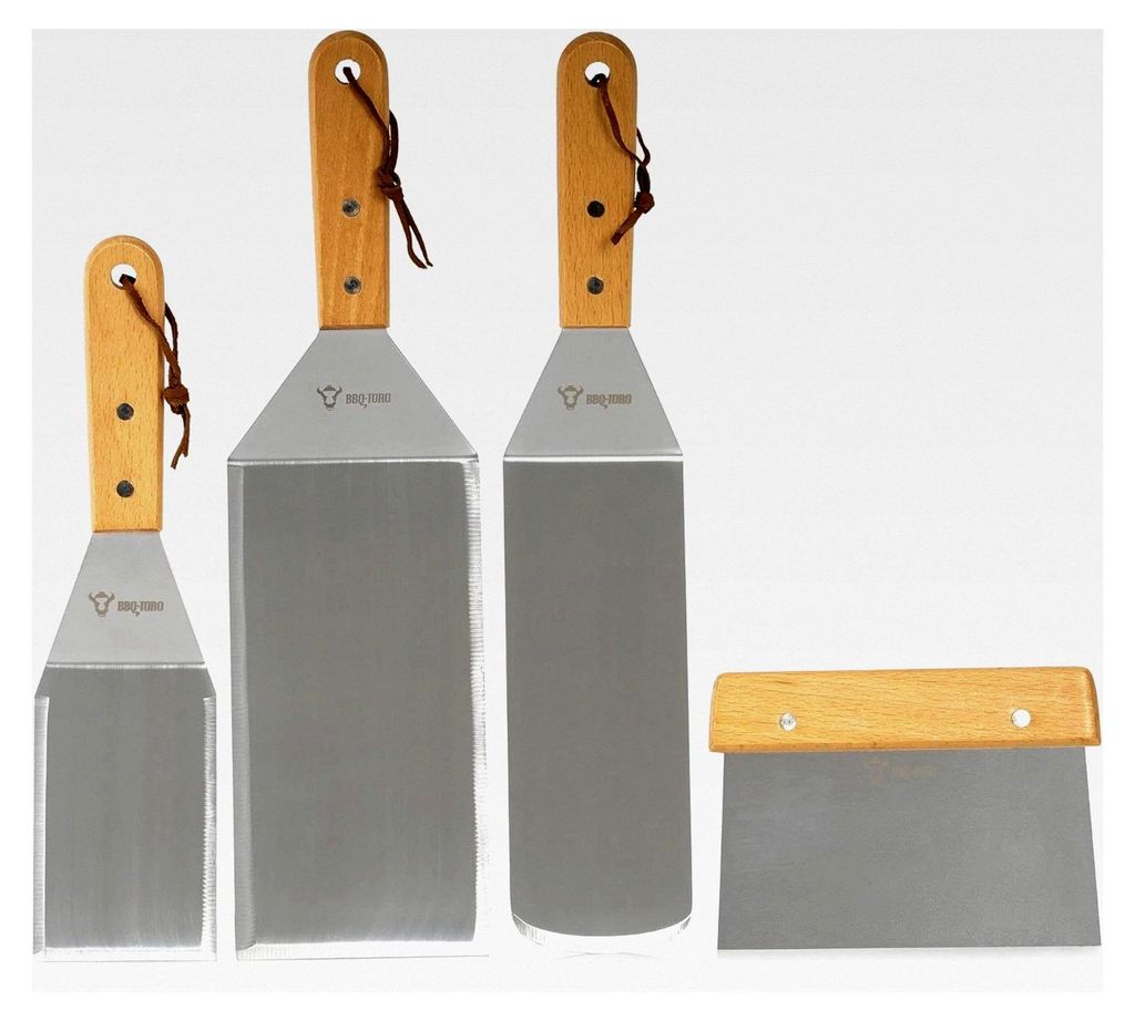 4-teiliges Set aus Edelstahl-Pfannenwendern | Zubehörset für Plancha-Grill mit Winkelpaletten und Grillspachtel | Grillbesteck-Set, Teppanyaki-Gr...