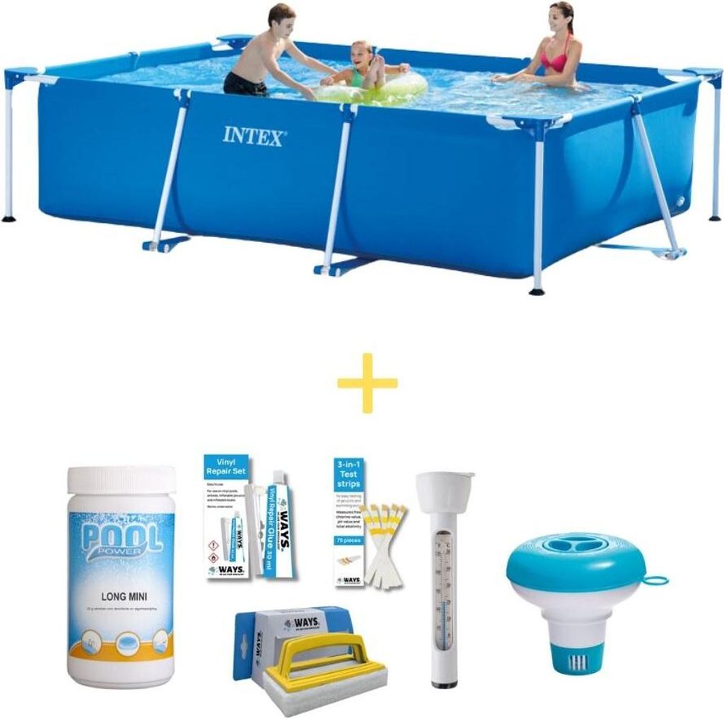 A collage of a swimming pool and pool maintenance accessories.