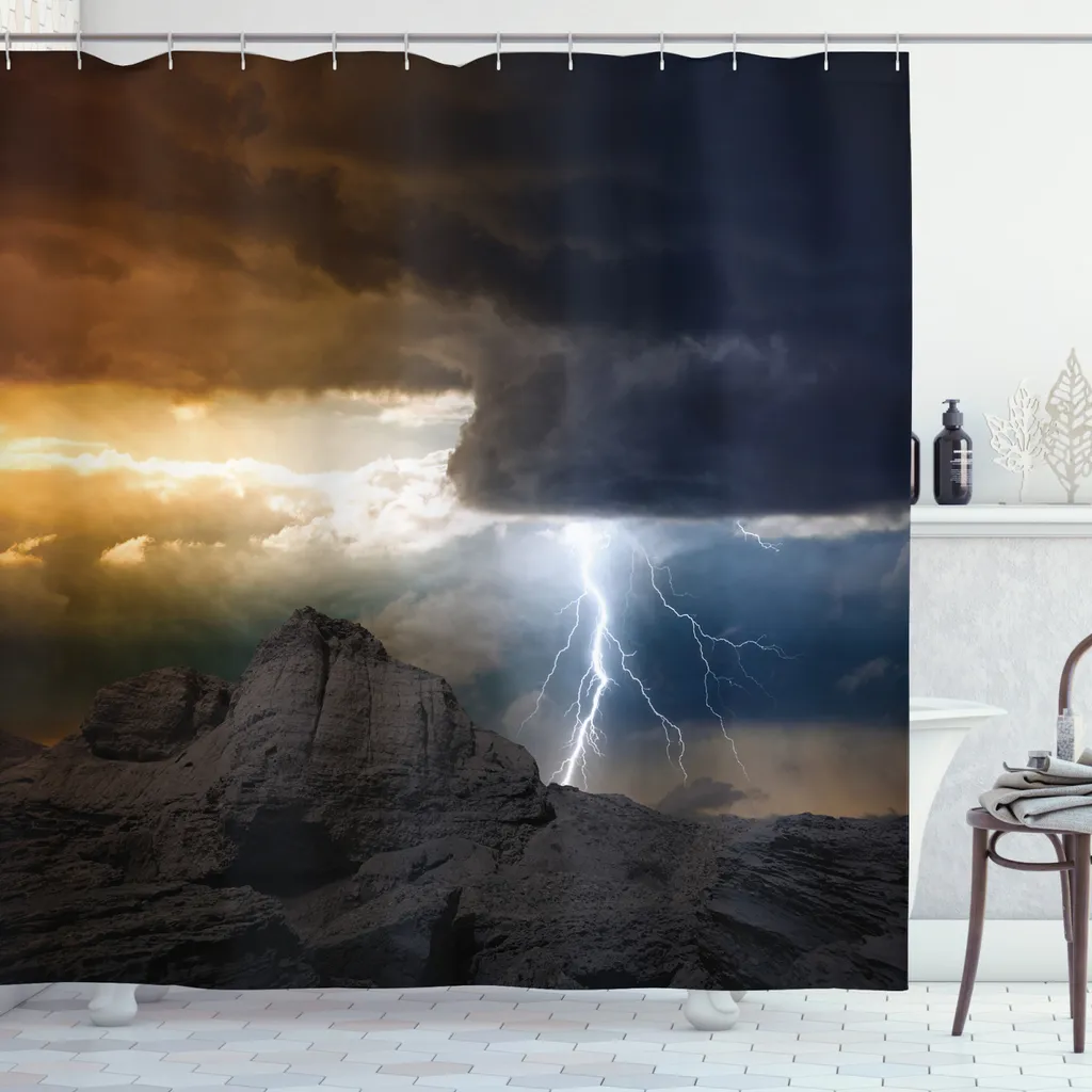 ABAKUHAUS Tenda da doccia naturale, Nuvole scure e montagne, Resistente a batteri e muffe, incl. 12 ganci Lavabile Elegante stampa digitale, 175 x 180 cm, Grigio arancione