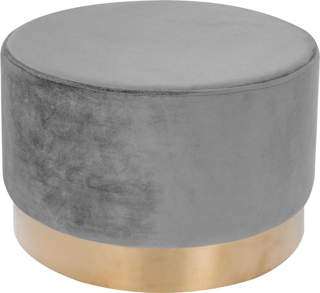 A round, gray velvet ottoman with a gold base.