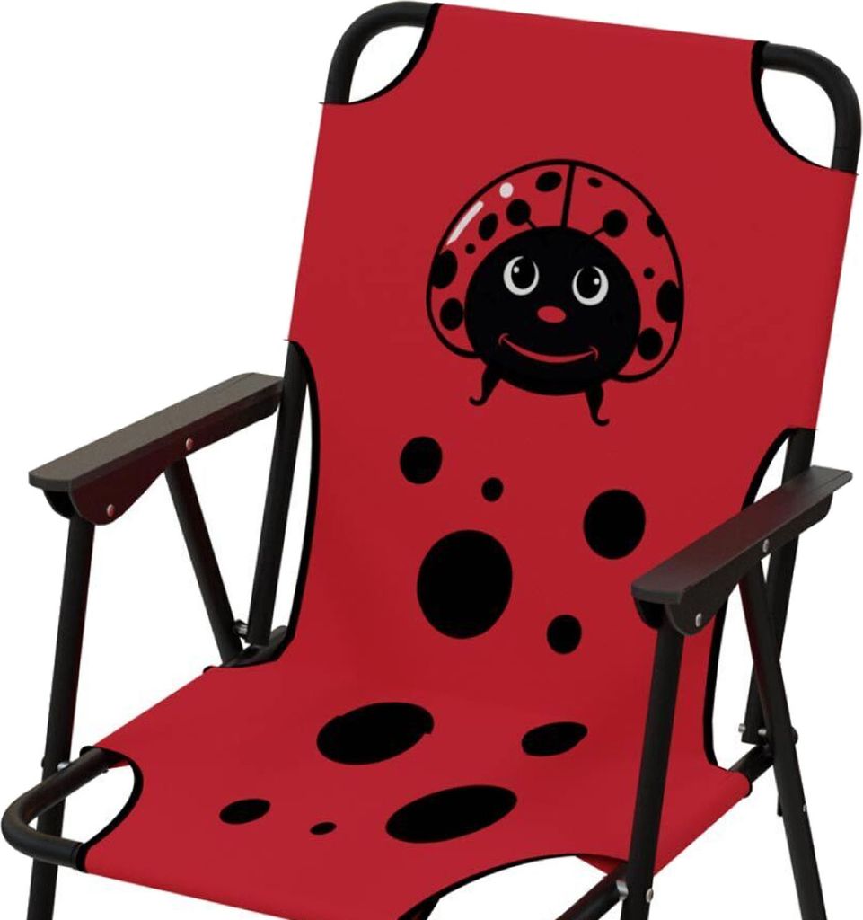 A close-up view of a red children's camping chair with a ladybug design.