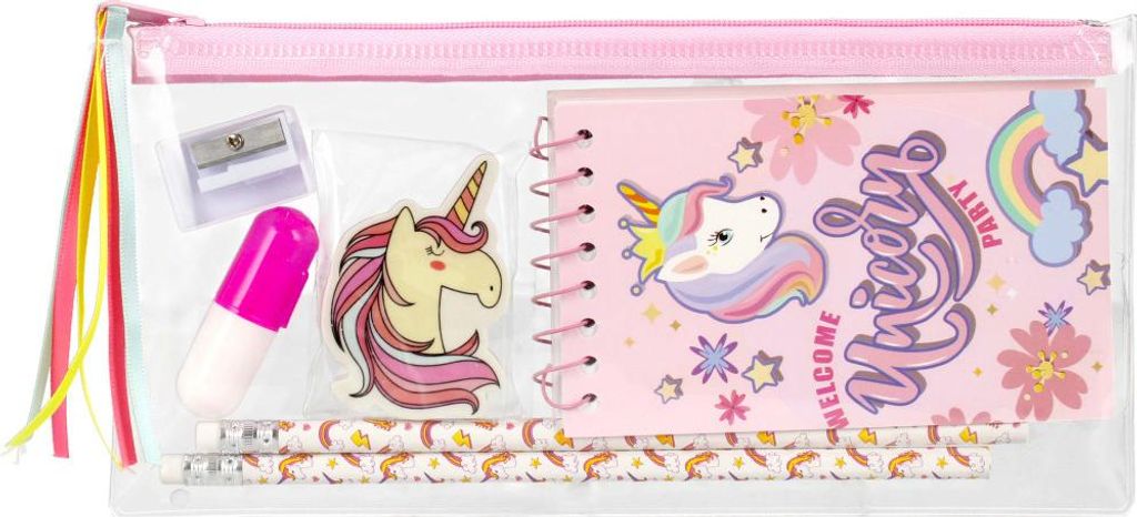 Zestaw szkolny Unicorn Piórnik saszetka Notes na spirali 2 ołówki Gumka Mini zakreślacz Temperówka