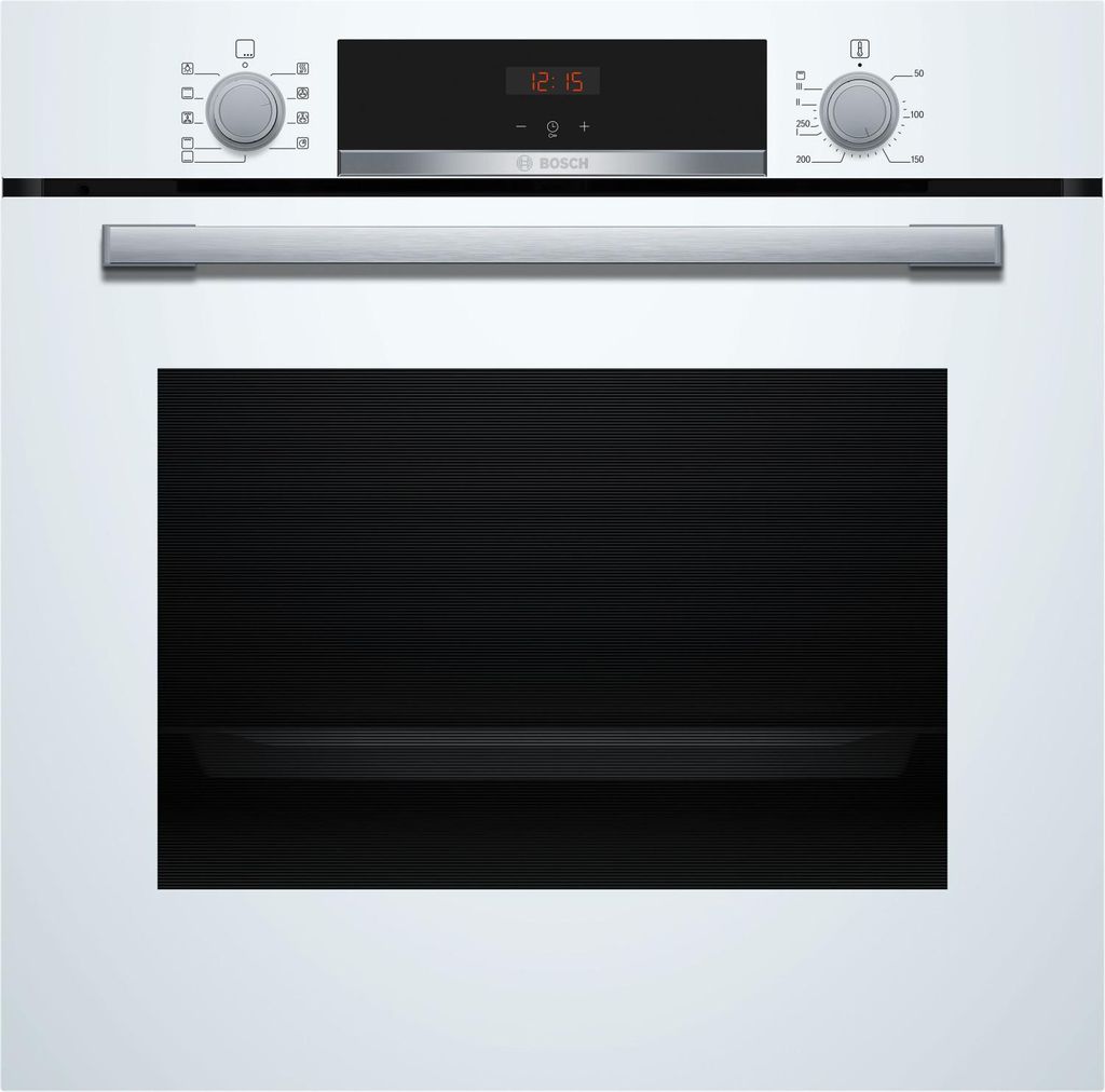 A front view of a white Bosch oven.