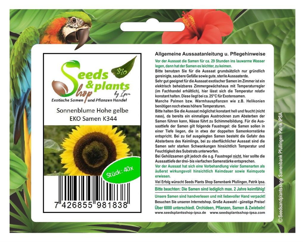40x Sonnenblume Hohe gelbe EKO Helianthus Garten Pflanzen - Samen K344