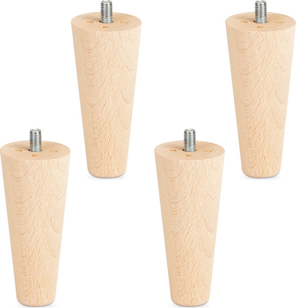 4er Set Möbelfüße Buche roh H 100 mm / konisch Ø 45/25 mm mit Gewindestift M8 Sotech