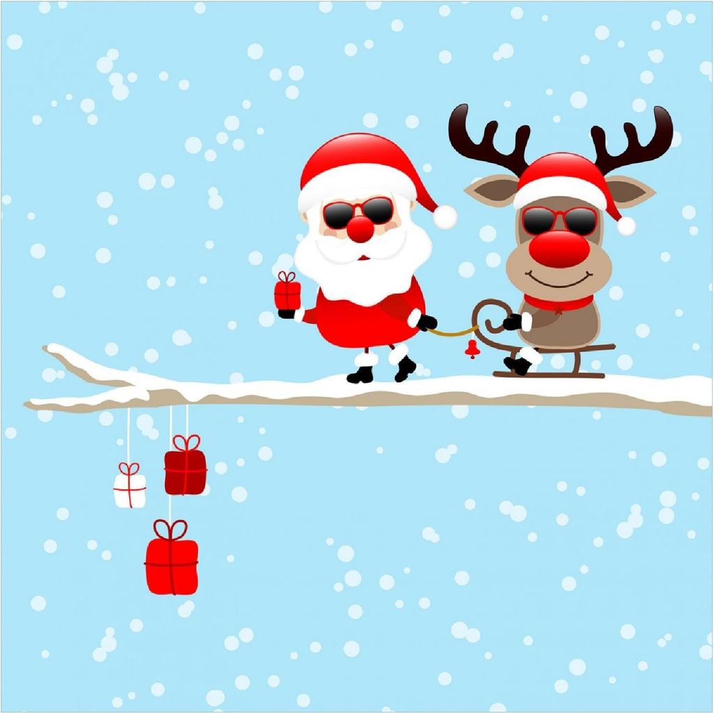 Wallario Premium Glasbild, freischwebende Optik, kräftige Farben, Größe 50 x 50 cm Motiv Cooler Weihnachtsmann mit Rentier auf einem Ast