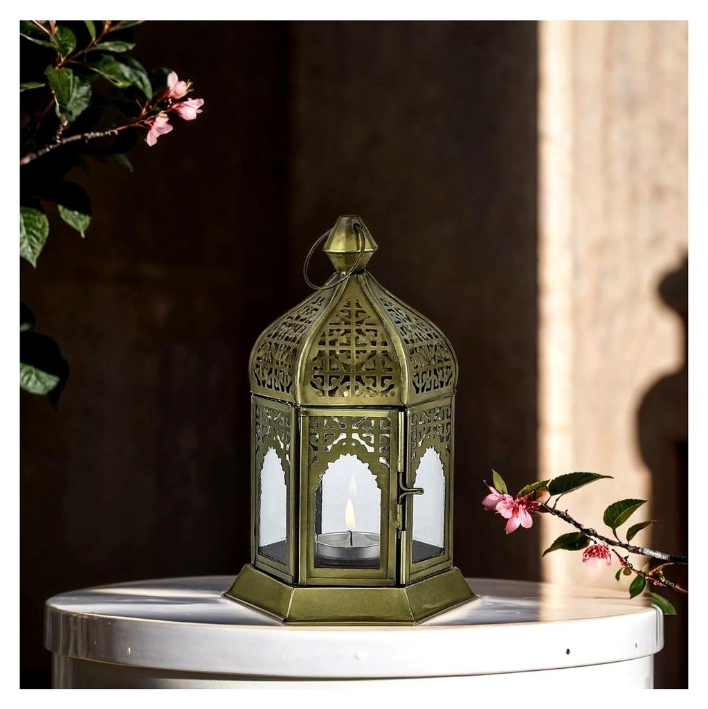 Marrakesch Boho Deko Teelichthalter Windlicht aus Metall & Glas Khatija 20cm | Orientalischer Kerzenhalter Laterne modern für Balkon, Garten oder ...